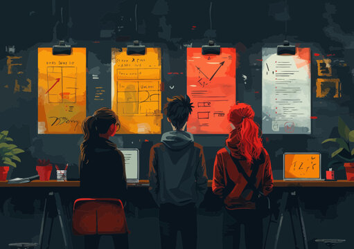 Team Discussing Project Strategy at Office Desk, Choosing Right Way, Analyzing Options on Wall Charts with Laptops, Collaborative Decision Making, Minimalistic Vector Illustration, Business Planning