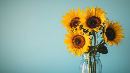 A beautiful sunflower bouquet in a simple vase, set against a light blue background, capturing the essence of summer and natural beauty.