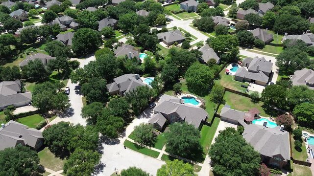 Upscale suburban house with inground swimming pools, grassy lawn, large backyard at residential neighborhood in Keller, Texas, suburbs Dallas Fort Worth metroplex, luxury real estate, flyover