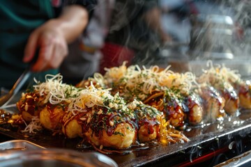 Grilled Takoyaki Octopus Balls with Cheese and Spring Onion Toppings, Traditional Japanese Street Food and Savory Snack Photography