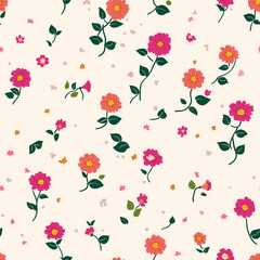 Colorful tiny small blooming zinnias or mums, in pink and red colors, seamless ditsy floral pattern