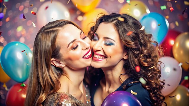 Two smiling friends share an affectionate cheek-to-cheek kiss, eyes closed in joy, amidst a blurred background of