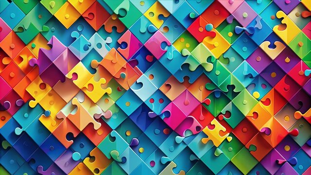 Vibrant, abstract illustration of interconnected puzzle pieces in bright colors, representing diversity, individuality, and uniqueness, set against a bold, geometric background.