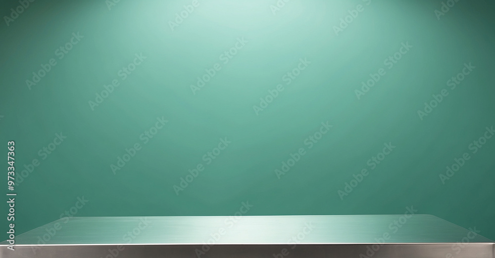 Wall mural the empty silver stainless steel table top with matte green background. for product display