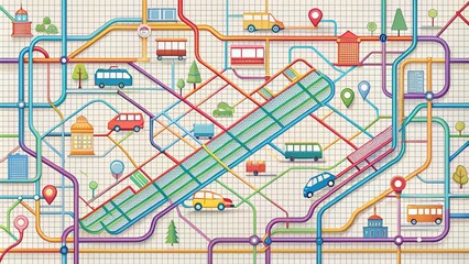 Vibrant, detailed illustration of iconic city's transportation system, featuring colorful routes, stops, and neighborhoods, set against a stark white background with subtle grid pattern.