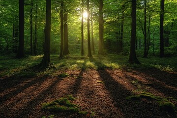 Fototapeta premium Shadows cast by a forest canopy on a woodland floor