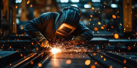 Fototapeta premium An individual in a welding mask is engaged in intricate metal work, showcasing precision with bright sparks and intense light