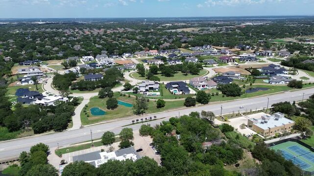 Suburban master planned community along West Southlake Boulevard, Keller, Texas, wealthy neighborhood luxury mansion houses swimming pools, tall trees in suburbs Dallas Fort Worth metroplex