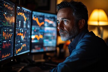 Fototapeta premium Financial analyst intensely focused on multiple monitors