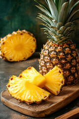 Still Life of Fresh Pineapple Slices. A fresh pineapple cut into slices placed on a wooden surface. Ideal for food blogs, tropical themes, or summer events.