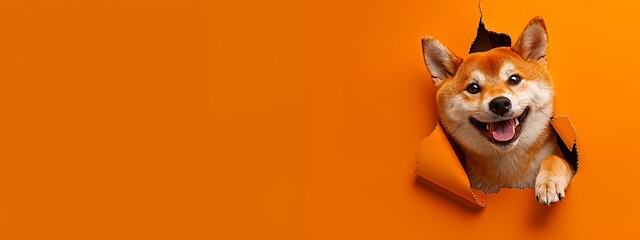 A happy Shiba Inu dog looks through a hole in an orange background, sticking his paw out.