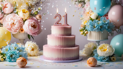 Delicious festive cake with candle number 21, flowers design