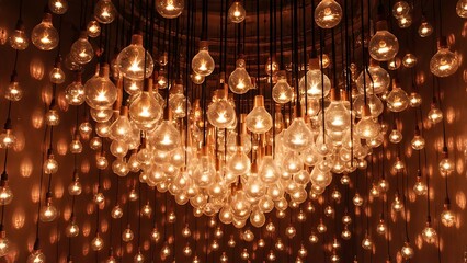 Many glass light bulbs hanging from above