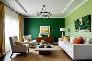 Modern Living Room Interior Design Featuring Neutral Armchair and Bold Green Wall Decor