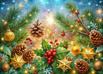 Fototapeta premium Vibrant, whimsical illustration of festive winter wonderland scene featuring snowflakes, pinecones, holly, and ornate