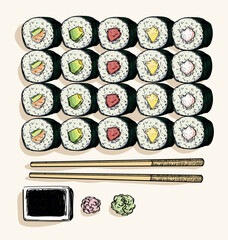 sushi pattern different types of maki delicious food asian japanees restaurant dish draw linear illustration isolated on white background
