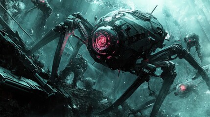 Fototapeta premium A futuristic concept where a robot explores underwater environments, portrayed with advanced technology amidst a backdrop of deep sea elements.