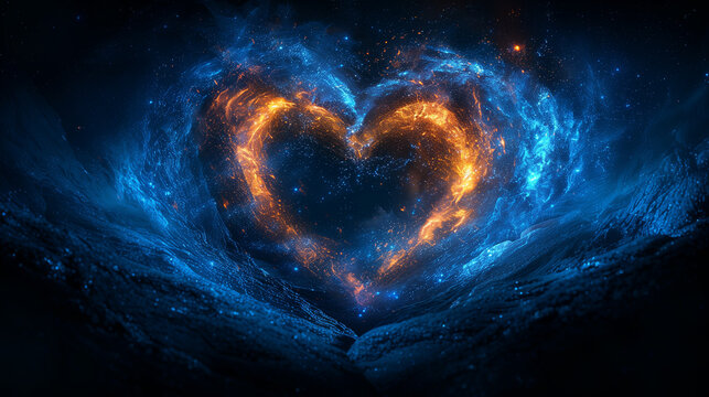 Fototapeta Fiery heart in the starry night. Valentine’s Day greeting, love confession, romantic relationships, heart, cosmos, night, celestial, nebula, galactic.