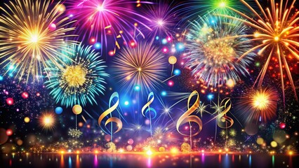 Fototapeta premium Vibrant animated fireworks and confetti explode in a burst of colorful lights, accompanied by festive celebratory music, to ring in a joyful and prosperous new year.
