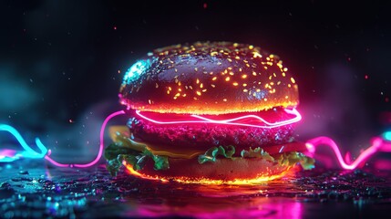 A glowing burger with neon light trails set against a dark, futuristic backdrop.