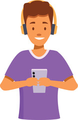 Young adult with headphones is holding a smartphone and smiling