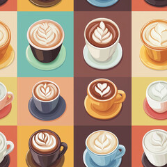 Coffee cups seamless background pattern in brown color tones, in squares