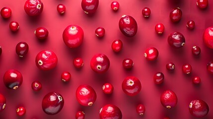 Fototapeta premium Fresh cranberries scattered on vibrant red background, minimal fruit pattern for health food marketing, ideal for nutrition and wellness campaigns, colorful food photography with copyspace 