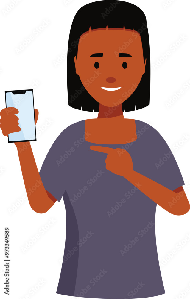Poster smiling woman showing modern smartphone with empty display and pointing at it with index finger