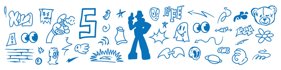 Urban street graffiti doodle element set, sticker kit, spray ghetto prints collection. Gangster tattoo kit, underground