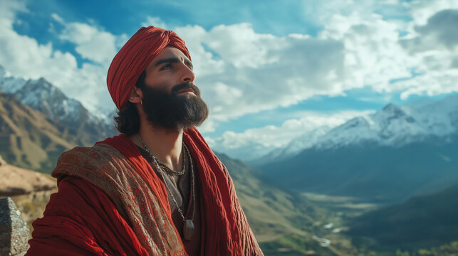 The man in a red turban and robes, wearing a taweez around his neck, against a backdrop of snow-capped mountains, gazing clouds. - Powered by Adobe