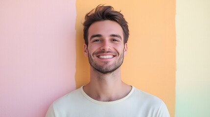 Fototapeta premium Portrait of a smiling man with a beard, standing against a colourful wall.