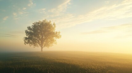 Obraz premium A lone tree stands in a misty meadow, sun-warmed and expansive under a vast sky, symbolizing solitude and peace.