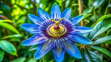 Vibrant blue exotic flower blooms in tropical garden, its delicate petals and bright center radiating tranquility and