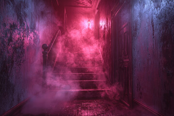 A high-tech haunted house experience with augmented reality ghosts and interactive scares controlled by guests. Concept of digital Halloween adventures.