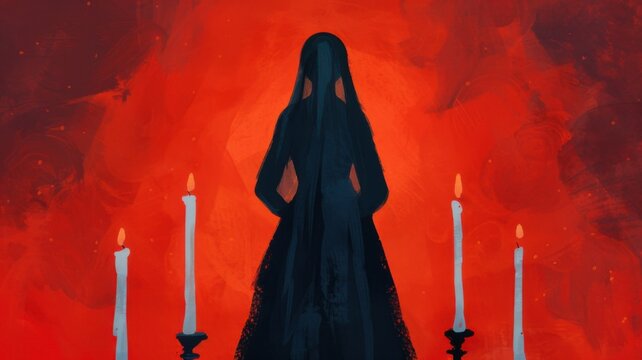 Veiled figure in black lace stands before candles, illuminated by warm light against a fiery red backdrop. - Powered by Adobe
