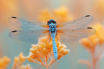 Close-up of a dragonfly resting on a reed