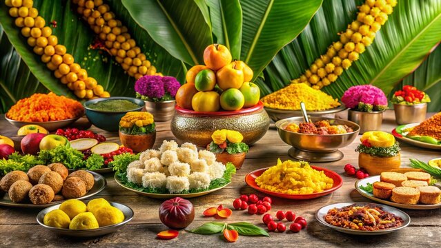 Vibrant colorful decorations and traditional sweet treats adorn a festive table, celebrating the Kannada New Year, Ugadi, with joyful and vibrant cultural heritage elements.
