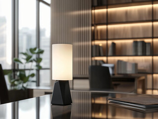 modern table lamp with a matte black finish, featuring a geometric, angular base and a white cylindrical shade