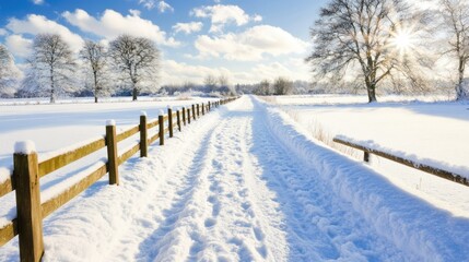 Naklejka premium A stunning sunrise lights up a snow-covered landscape, with tall trees and a wooden fence in the foreground creating a calm and peaceful atmosphere as shadows stretch across the ground