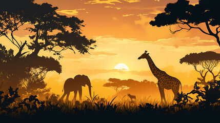 Jungle landscape with giraffe and elephant silhouettes. silhouette illustration. Savannah. Illustration