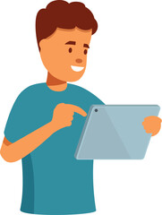 Young man is engrossed in browsing on a tablet, his finger navigating the screen as he enjoys modern technology and entertainment