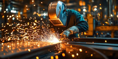 Fototapeta premium An individual in welding attire focuses on joining metal components, with visible sparks and a glowing welding torch