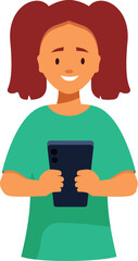 Young girl is holding her smartphone, playing a game or using a social media app