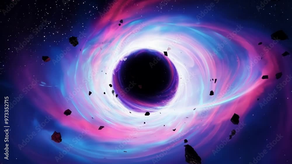 Poster Giant black hole is distorting space and time, pulling surrounding asteroids into its singularity in a colorful cloud of gas