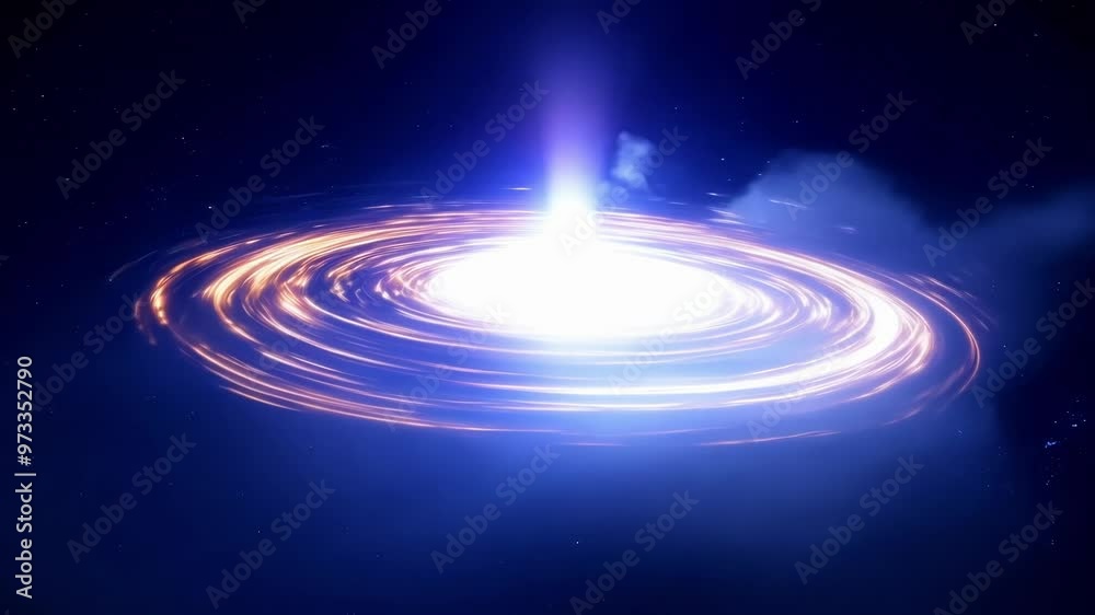 Poster spiral galaxy shining in the deep space with a bright core, surrounded by a bright ring and spiral a