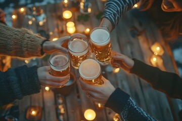 A group of friends toasting with beer glasses at an outdoor party, celebrating St. Patrick's Day in the evening Hands holding pints of golden lager Generative AI