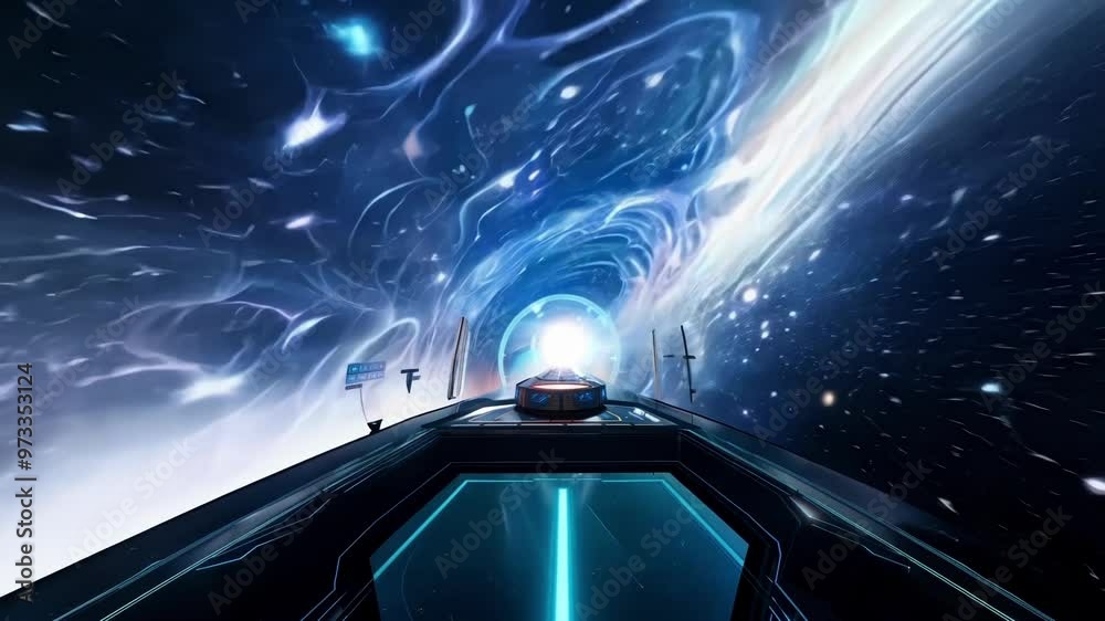 Poster Futuristic spaceship is entering a wormhole, creating a mesmerizing display of light and energy as it travels through the vast expanse of space