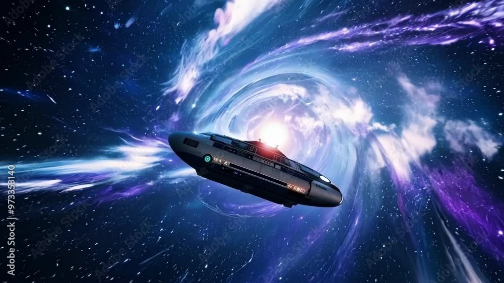 Aufkleber Futuristic spaceship is entering a wormhole in deep space, surrounded by stars and nebulae. This image evokes interstellar travel and the mysteries of the universe