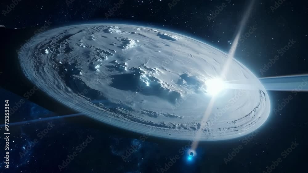 Poster approaching the flat earth, a spaceship travels through space surrounded by stars and clouds, with a