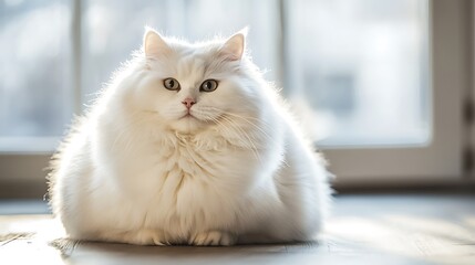 A fluffy, overweight white cat sitting on a well-lit surface, with full-body clarity, showing its round shape in sharp detail